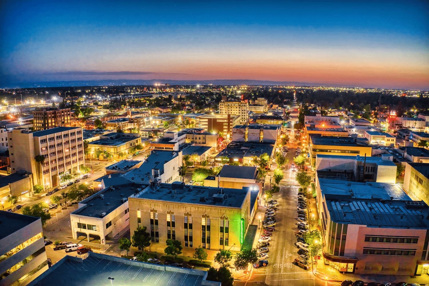Bakersfield downtown business district and commercial buildings showcasing the local business insurance market in California
