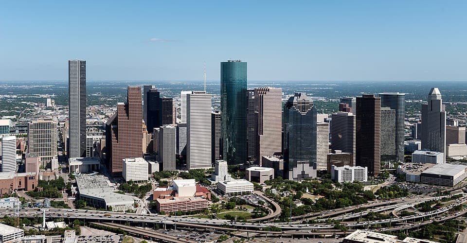 Houston downtown business district and commercial buildings showcasing the local business insurance market in Texas