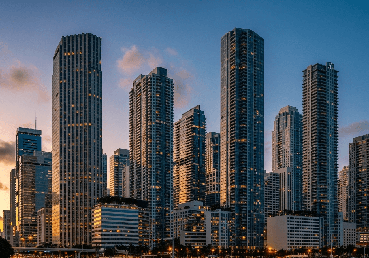 Miami downtown business district and commercial buildings showcasing the local business insurance market in Florida